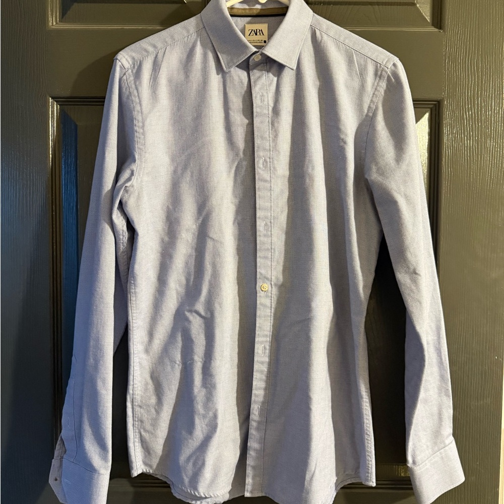 Zara Men's Oxford Blue Casual Button Up Shirt Size Small Slim Fit